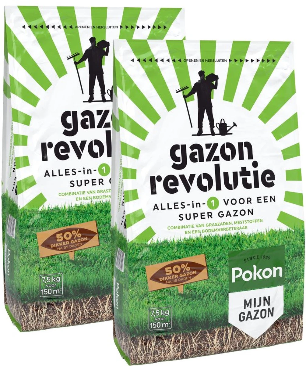 Pokon Gazon Revolutie - 2x7,5kg - Gazonmest / Graszaad / Bodemverbeteraar - Geschikt Voor 300m² - Binnen 15 Dagen Resultaat - Voordeelverpakking 1 Pokon Gazon Revolutie - 2x7,5kg - Gazonmest / Graszaad / Bodemverbeteraar - Geschikt Voor 300m² - Binnen 15 Dagen Resultaat - Voordeelverpakking