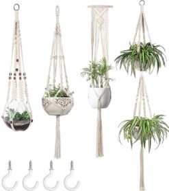 4 Stuks Plantenhangers - Boho Handgeweven Katoen Hangpot Voor Binnen/Buiten - Bloempot Met Kralen - Macramé Touw/Koord Hangplant Houder - Bohemian Wandhanger Decoratie - Verticale Tuin Plant Hanger Bloempothouder Planthanger Wit -Tuinwinkel Voor Buitenartikelen 1068x1200 1