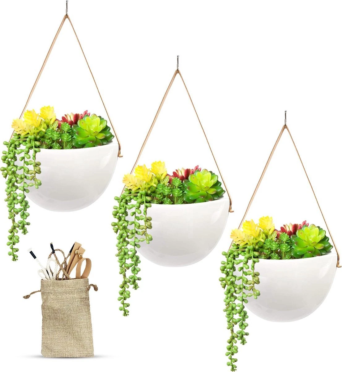 Plantenhanger Keramiek – Set Van 3 – Wit Steen- Hangpot – Hangende Bloempot Plantenpot - 3 Verschillende Koorden - 18 X 11 X 7 Cm 3 Plantenhanger Keramiek – Set Van 3 – Wit Steen- Hangpot – Hangende Bloempot Plantenpot - 3 Verschillende Koorden - 18 X 11 X 7 Cm - Afbeelding 3