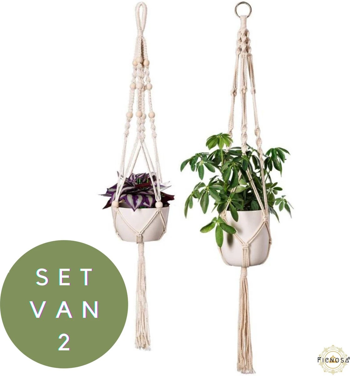 Plantenhanger - Plantenhanger Macrame - Set Van 2 - Wit - Knopen - Luxe Gevlochten Touw - Met Ophang Haken - Fienosa 6 Plantenhanger - Plantenhanger Macrame - Set Van 2 - Wit - Knopen - Luxe Gevlochten Touw - Met Ophang Haken - Fienosa - Afbeelding 6