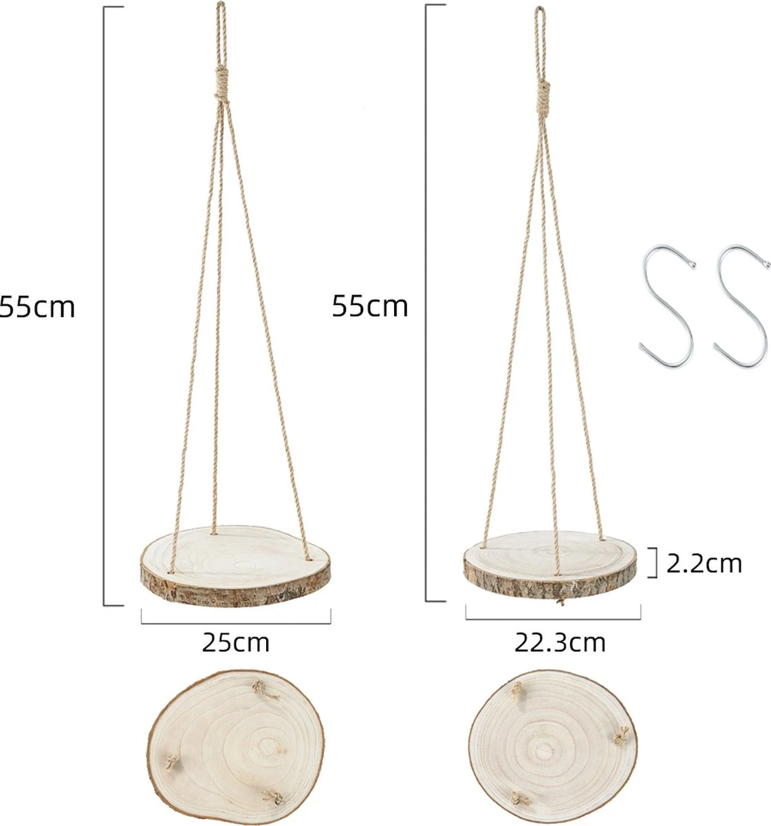 Set Van 2 Boomstam Rond Wandrek Plantenhangers - Boho Jute Houten Plantenrek - Hangpot Voor Binnen/Buiten - Hangende Bloempot Plank - Hangplant Houder - Bohemian Macrame Stijl Wandhanger - Hangplank Plant Hanger - Planthanger - Ø Rond 25-20cm 8 Set Van 2 Boomstam Rond Wandrek Plantenhangers - Boho Jute Houten Plantenrek - Hangpot Voor Binnen/Buiten - Hangende Bloempot Plank - Hangplant Houder - Bohemian Macrame Stijl Wandhanger - Hangplank Plant Hanger - Planthanger - Ø Rond 25-20cm - Afbeelding 8