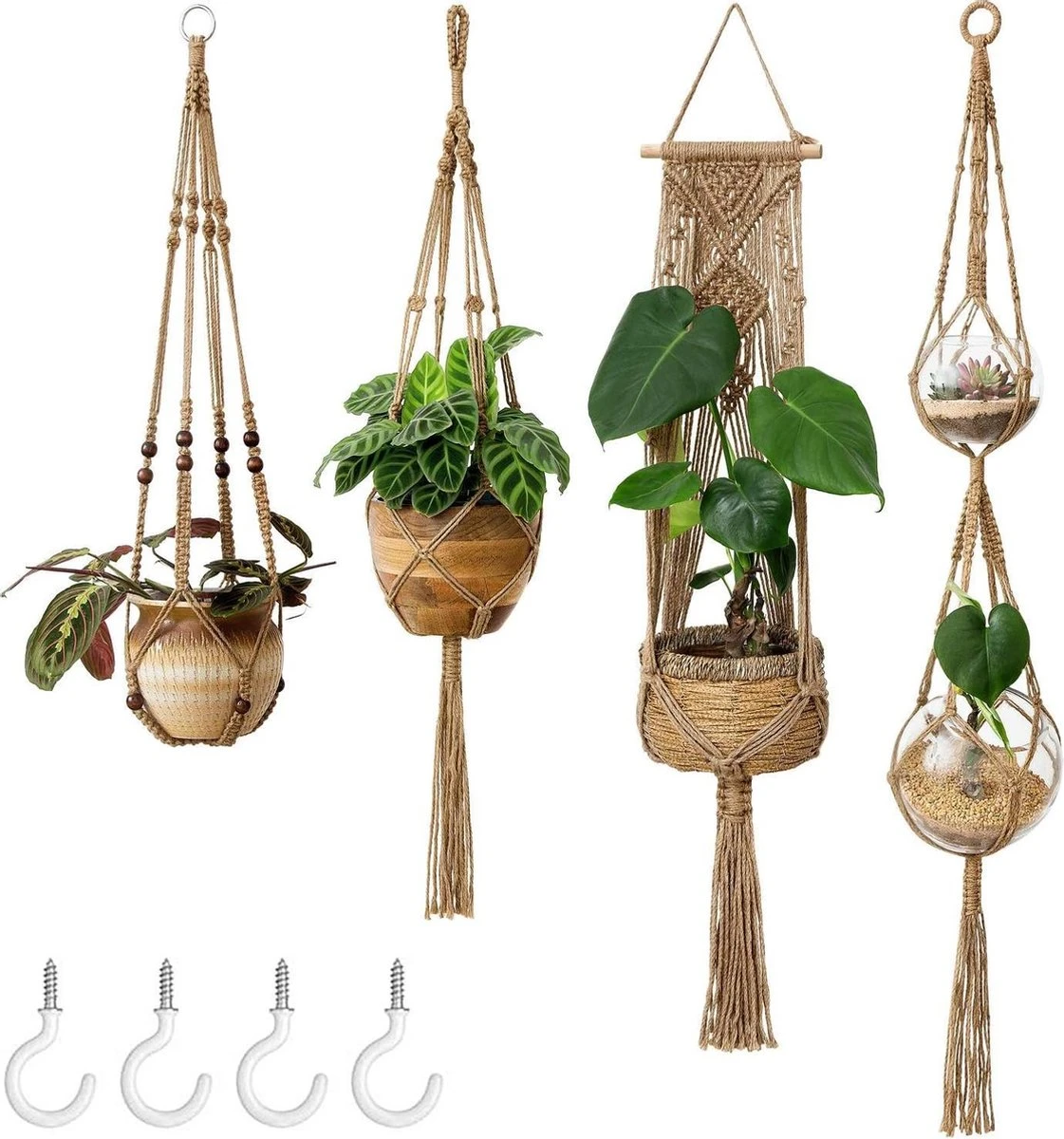 4 Stuks Plantenhangers - Boho Handgeweven Katoen Hangpot Voor Binnen/Buiten - Bloempot Met Kralen - Macramé Touw/Koord Hangplant Houder - Bohemian Wandhanger Decoratie - Verticale Tuin Plant Hanger Bloempothouder Planthanger 1 4 Stuks Plantenhangers - Boho Handgeweven Katoen Hangpot Voor Binnen/Buiten - Bloempot Met Kralen - Macramé Touw/Koord Hangplant Houder - Bohemian Wandhanger Decoratie - Verticale Tuin Plant Hanger Bloempothouder Planthanger