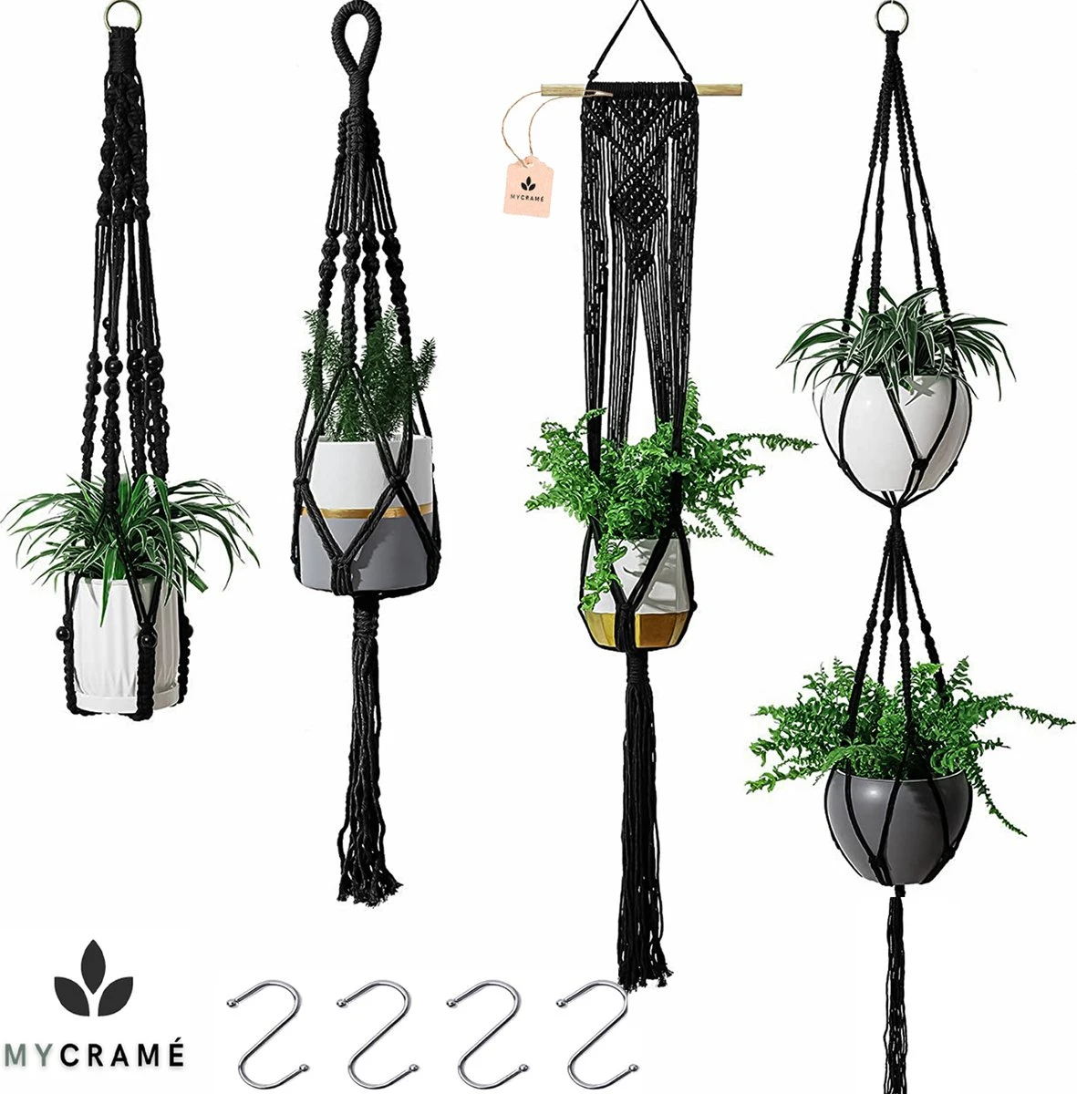 4 Stuks Luxe Macrame Plantenhangers - Boho Handgeweven Katoen Hangpot Voor Binnen/Buiten - Hangende Bloempot Met Kralen - Macramé Touw/Koord Hangplant Houder - Bohemian Wandhanger Decoratie - Plant Hanger - Verticale Tuin Bloempothouder Planthanger 1 4 Stuks Luxe Macrame Plantenhangers - Boho Handgeweven Katoen Hangpot Voor Binnen/Buiten - Hangende Bloempot Met Kralen - Macramé Touw/Koord Hangplant Houder - Bohemian Wandhanger Decoratie - Plant Hanger - Verticale Tuin Bloempothouder Planthanger