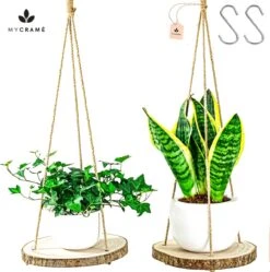 Set Van 2 Boomstam Rond Wandrek Plantenhangers - Boho Jute Houten Plantenrek - Hangpot Voor Binnen/Buiten - Hangende Bloempot Plank - Hangplant Houder - Bohemian Macrame Stijl Wandhanger - Hangplank Plant Hanger - Planthanger - Ø Rond 25-20cm