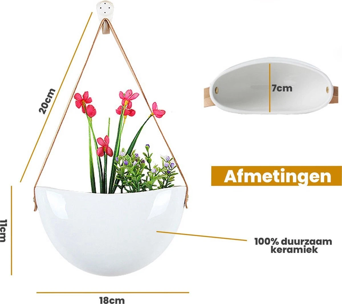 Plantenhanger Keramiek – Set Van 3 – Wit Steen- Hangpot – Hangende Bloempot Plantenpot - 3 Verschillende Koorden - 18 X 11 X 7 Cm 8 Plantenhanger Keramiek – Set Van 3 – Wit Steen- Hangpot – Hangende Bloempot Plantenpot - 3 Verschillende Koorden - 18 X 11 X 7 Cm - Afbeelding 8