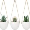 Merkloos Plantenhanger Keramiek – Set Van 3 – Steen- Hangpot – Hangende Bloempot Plantenpot Met 3 Verschillende Koorden – 12 X 11 X 9.5 Cm