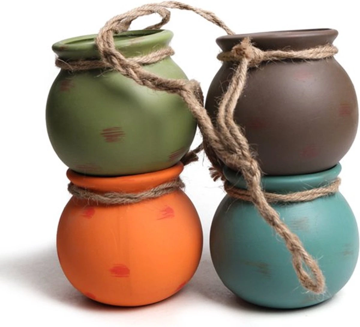 Plantenhangers - 4 Bloempotjes Aan Een Touw - Hangpotten Voor Binnen En Buiten - Hangpot Schutting - 4 Kleuren Incl. Touw 1 Plantenhangers - 4 Bloempotjes Aan Een Touw - Hangpotten Voor Binnen En Buiten - Hangpot Schutting - 4 Kleuren Incl. Touw