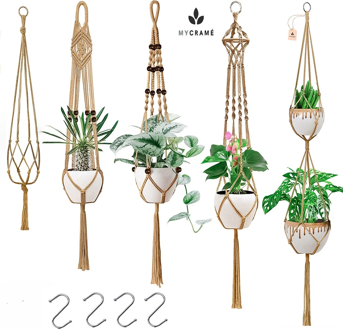 5 Stuks Jute Macrame Plantenhangers - Boho Handgeweven Katoen Hangpot Voor Binnen/Buiten - Hangende Bloempot Met Kralen - Macramé Touw/Koord Hangplant Houder - Bohemian Wandhanger Decoratie - Plant Hanger - Verticale Tuin Bloempothouder Planthanger 1 5 Stuks Jute Macrame Plantenhangers - Boho Handgeweven Katoen Hangpot Voor Binnen/Buiten - Hangende Bloempot Met Kralen - Macramé Touw/Koord Hangplant Houder - Bohemian Wandhanger Decoratie - Plant Hanger - Verticale Tuin Bloempothouder Planthanger
