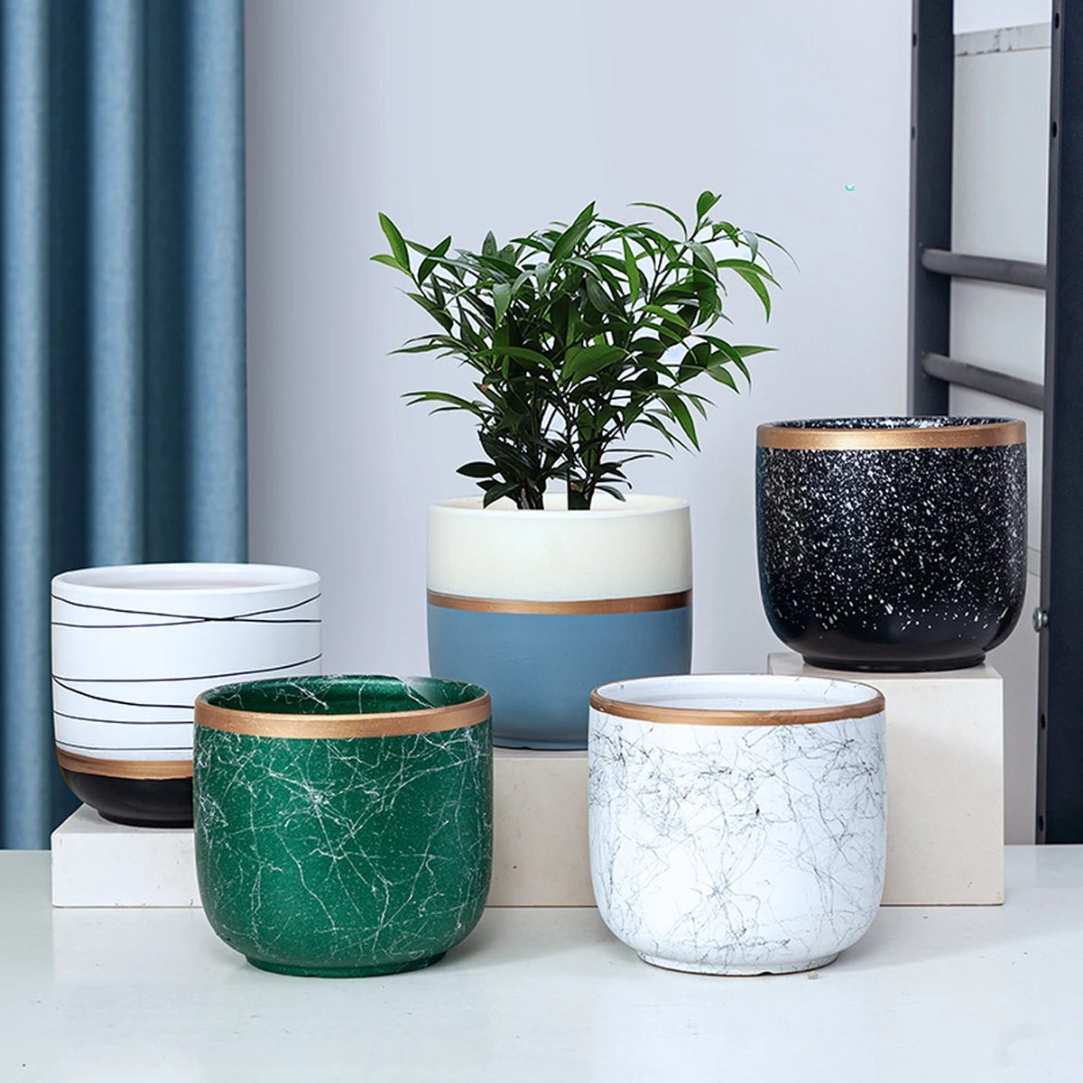 Bloempotten Binnen - Keramiek - Gouden Rand - Bloempot Buiten - Afvoergat 24 Cm - Groen – Groot 4 Bloempotten Binnen - Keramiek - Gouden Rand - Bloempot Buiten - Afvoergat 24 Cm - Groen – Groot - Afbeelding 4