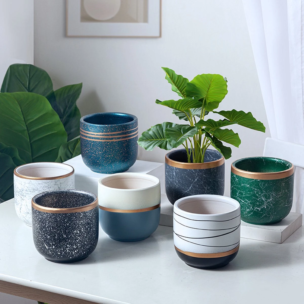 Bloempotten Binnen - Keramiek - Gouden Rand - Bloempot Buiten - Afvoergat 24 Cm - Groen – Groot 7 Bloempotten Binnen - Keramiek - Gouden Rand - Bloempot Buiten - Afvoergat 24 Cm - Groen – Groot - Afbeelding 7