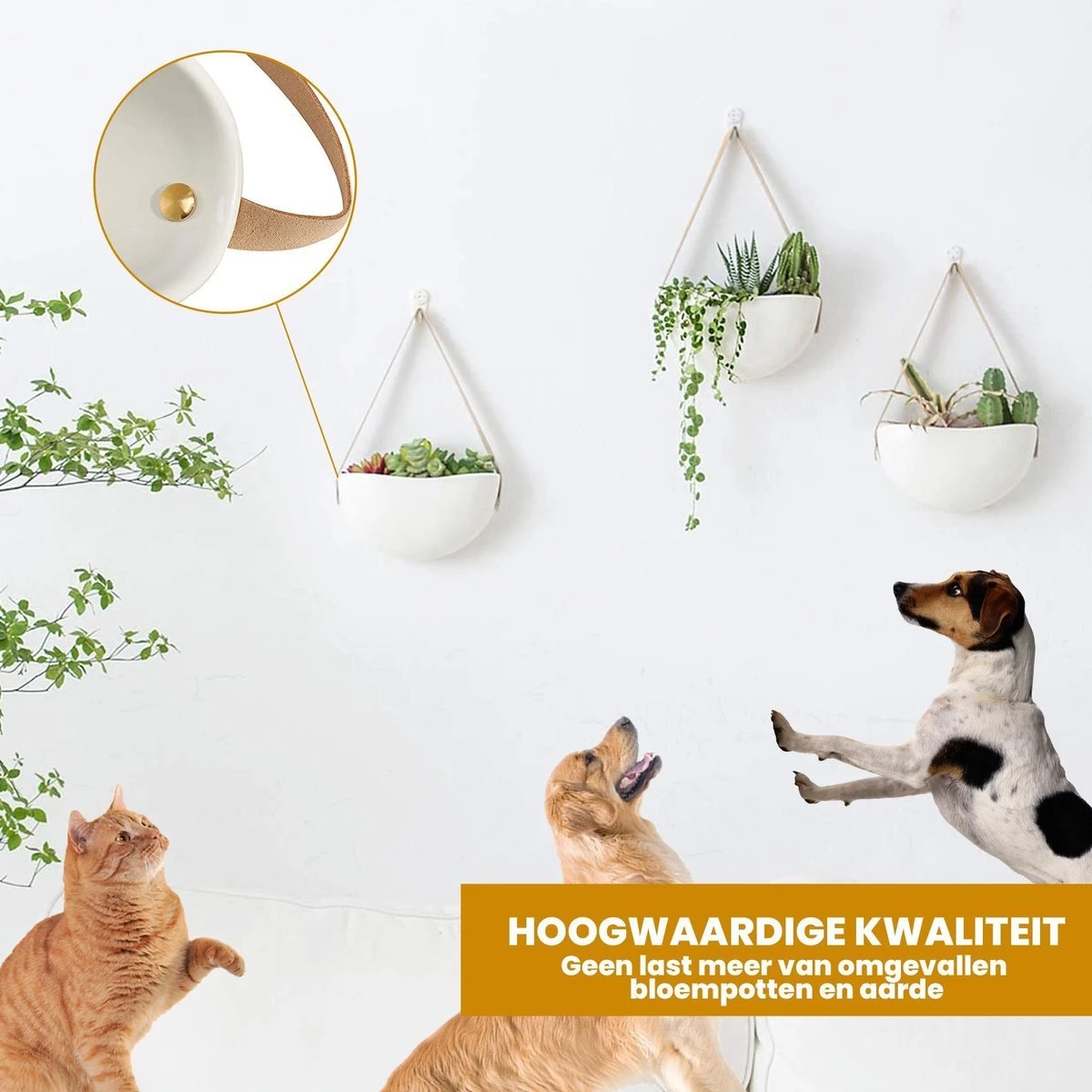 Plantenhanger Keramiek – Set Van 3 – Wit Steen- Hangpot – Hangende Bloempot Plantenpot - 3 Verschillende Koorden - 18 X 11 X 7 Cm 2 Plantenhanger Keramiek – Set Van 3 – Wit Steen- Hangpot – Hangende Bloempot Plantenpot - 3 Verschillende Koorden - 18 X 11 X 7 Cm - Afbeelding 2