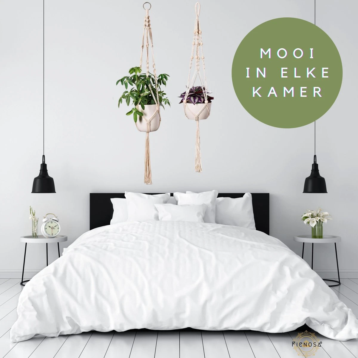 Plantenhanger - Plantenhanger Macrame - Set Van 2 - Wit - Knopen - Luxe Gevlochten Touw - Met Ophang Haken - Fienosa 2 Plantenhanger - Plantenhanger Macrame - Set Van 2 - Wit - Knopen - Luxe Gevlochten Touw - Met Ophang Haken - Fienosa - Afbeelding 2