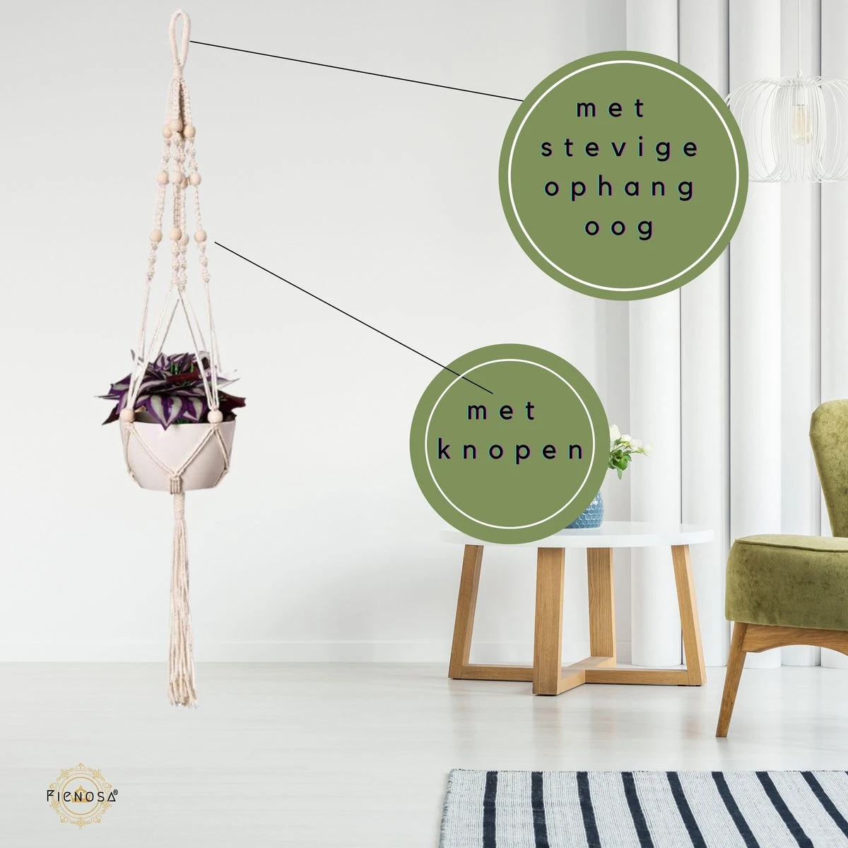 Plantenhanger - Plantenhanger Macrame - Set Van 2 - Wit - Knopen - Luxe Gevlochten Touw - Met Ophang Haken - Fienosa 3 Plantenhanger - Plantenhanger Macrame - Set Van 2 - Wit - Knopen - Luxe Gevlochten Touw - Met Ophang Haken - Fienosa - Afbeelding 3