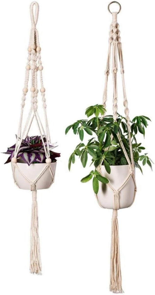 Plantenhanger - Plantenhanger Macrame - Set Van 2 - Wit - Knopen - Luxe Gevlochten Touw - Met Ophang Haken - Fienosa 1 Plantenhanger - Plantenhanger Macrame - Set Van 2 - Wit - Knopen - Luxe Gevlochten Touw - Met Ophang Haken - Fienosa