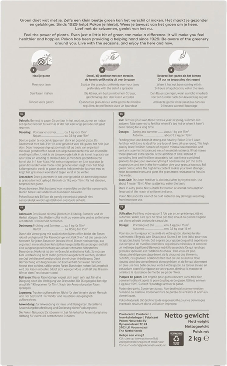 Pokon Gazonmest Met Kalk - 2kg - Mest - Geschikt Voor 30m² - 120 Dagen Voeding 7 Pokon Gazonmest Met Kalk - 2kg - Mest - Geschikt Voor 30m² - 120 Dagen Voeding - Afbeelding 7